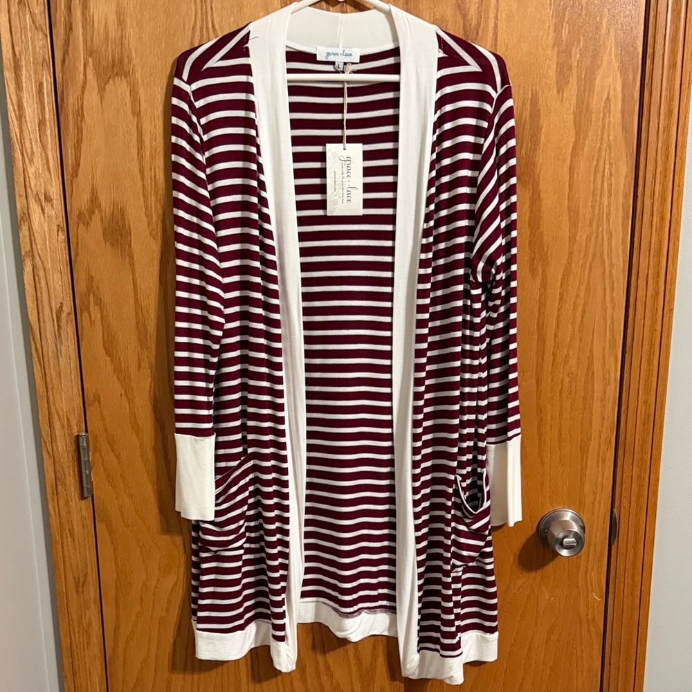 Grace & Lace Burgundy and White Striped Draped Cardigan